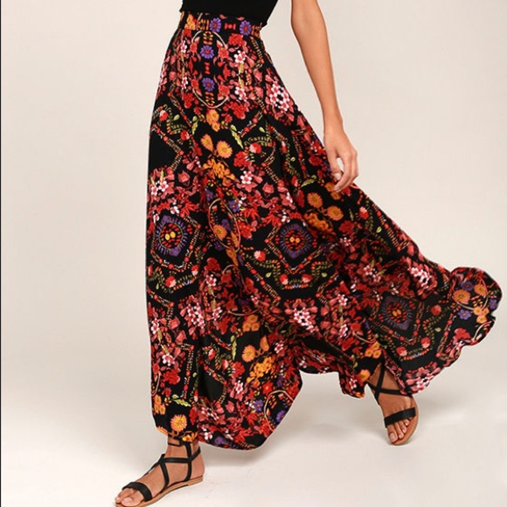 Lulus black floral print maxi skirt